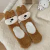 Novas Meias de Tecido Coral com Estampa de Cachorro de Nariz Grande Femininas de Inverno Espessas Quentes para Dormir Meias Pós-parto Meias de Chão que Não Soltam Fiapos