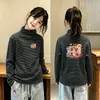 Camiseta de Manga Larga de Polar Doble Cara Alemana para Niñas, Nuevo Estilo Otoño/Invierno, Top Cepillado de Capa Interior para Niñas, Camiseta de Manga Larga Rayada para Niños