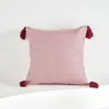 Funda de Cojín Decorativo de Poliéster-Algodón con Diseño de Cuadros Rojos y Blancos con Rayas y Flecos para Muebles Sofá