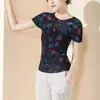Camiseta de Manga Corta con Impresión Digital Ropa para Mujer Estilo Nuevo Calidad de Mostrador Plisada Ajustada Adelgazante Top para Mujer Sentido de Diseño de Nicho