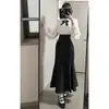 Conjunto de Camisa Linda Estilo Japonés con Cuello de Perlas y Falda Negra de Corte A con Cola de Pez para Mujer - ¡En Stock!