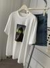 Camiseta de Manga Corta de Algodón Transpirable con Estampado de Retrato en Tinta Blanca para Mujer, Verano Nuevo, Holgada, Talla Grande, Largo Medio, Top Casual