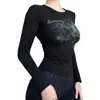 Camiseta básica elástica de manga larga transfronteriza, nuevo estilo 2026 para chicas a la moda, adelgazante y versátil, top de camiseta corta ajustada con cuello redondo y estampado
