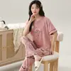 Pijama de Verano para Mujer, Pantalón de Manga Corta, Algodón con Almohadillas en el Pecho, Dibujos Animados Lindos Estudiantes, Conjunto de Ropa de Casa Casual