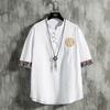 Camiseta Masculina de Linho Bordada Estilo Chinês Verão 2021 Nova Marca de Moda Solta Manga Curta Botão Top de Algodão Linho Roupas