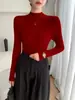 Top de manga larga con cuello semi-alto para mujer, tejido sin costuras, jersey de primavera y otoño, casual, versátil, básico, cómodo y elegante