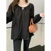 Camisa feminina plus size fresca e elegante estilo francês com mangas bufantes bordadas, corte solto, disfarça a barriga, top versátil