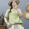 Diseño original, algodón de gasa de doble capa, nueva colección de verano 2025, camisa de cuello redondo, top versátil de manga de tres cuartos, botones de doble fila