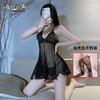 Lencería sexy con tirantes y pijama coqueto con escote en V profundo, pecho pequeño, perspectiva grande, camisón de encaje con lazo
