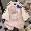 Camiseta de Manga Corta con Bloques de Color Estilo Coreano Estampado de Dibujos Animados Verano 2026 Casual Holgada Estilo Pareja Ins Versátil