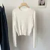 Suéter Básico de Malha Trançada de Manga Longa com Gola Redonda de Cor Sólida para Mulheres Outono Inverno Versátil Curto Cropped Cintura Marcada Emagrecedor Roupa de Baixo Pulôver