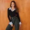 Camisa feminina de comércio exterior europeu e americano nova moda manga longa lapela falsa duas peças feminina base top
