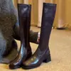 Botas Altas para Mujer 2026 Estilo Coreano Nuevo Otoño/Invierno Tacón Grueso Punta Cuadrada Caña Alta Elásticas Adelgazantes Botas Marrones Largas