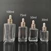 Direto da fábrica, estoque 30ml50ml75ml100ml Frasco pequeno quadrado marrom embalagem de essência azul IELTS para usar