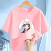 2368 # Camiseta de Manga Curta para Meninas Algodão Puro Verão Fina 2025 Nova Roupa Infantil Tamanhos Médio e Grande Tops Casuais de Meia-Manga para Crianças