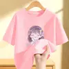2541 # Camiseta de Algodão Puro de Manga Curta para Meninas Verão 2025 Novo Estilo Infantil Médio e Grande Camiseta Básica Top Solto Verão