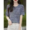 Camiseta de Manga Corta con Hombros Rectos para Mujer, Sensación de Alta Calidad, Nuevo Estilo Verano 2026, Cuello Redondo, Top de Punto Holgado Calado de Lana