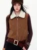 Chaleco con Cuello de Piel Estilo Retro Americano 2738 para Mujer, Chaqueta Corta sin Mangas con Cremallera Estilo Motociclista