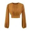 Atacado de Roupas Femininas Transfronteiriças Estilo Europeu e Americano 2025 Outono Inicial Nova Blusa Plissada de Gola Redonda com Manga Morcego Camiseta de Manga Longa