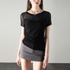 Malha macia de manga curta Design Cintura plissada Slim-fit Elegante T-shirt Nicho Micro-transparente Sexy Top