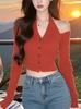 Top de Hombro Rojo de Manga Larga para Mujer 'Little Hot Girl' Cardigan de Punto con Botones de una Fila Sexy Primavera y Otoño 2025