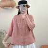 Blusa de Algodón y Lino Bordada de Tres Cuartos a la Moda para Mamás, Nuevo Vestido de Verano para Mujeres de Mediana Edad, Camisa Elegante, Cárdigan para Mujeres de Mediana Edad y Mayores