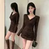 Vestido Longo Sexy com Estampa de Leopardo e Decote V para Mulheres, Estilo Socialite Outono e Inverno, Cintura Marcada, Vestido Mini Bodycon