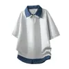Tendência Nacional Cor Sólida Patchwork Xadrez Color-Blocking Camiseta de Manga Curta Unissex 2026 Verão Nova Camiseta Polo