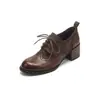 Mocasines Retro para Mujer de Boca Profunda con Punta Redonda, con Cordones y Tacón Grueso de Cuero, Nuevo Estilo Otoño/Invierno