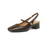 Sandalias Mary Jane de verano 2024 con tacón medio grueso y punta cuadrada de piel auténtica para mujer, con textura y parte trasera de flores francesas.