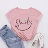 Sorriso Amor sorriso Carta Padrão de Flores Estilo Casual AliExpress ebay Explosões Camiseta de Manga Curta Feminina Europeia e Americana