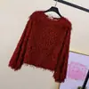Top de manga longa com franjas 2023 Primavera e Outono Novo estilo coreano gola redonda manga curta tipo lanterna peludo blusa de baixo chique