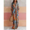 Primavera 2026 Estação Europeia e Americana Estação Independente Vendedor de Sucesso Transfronteiriço Vestido Longo Casual Feminino com Estampa de Lapela de Temperamento Preguiçoso