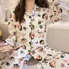 Pijama feminino cardigã novo algodão imitação melodia manga longa calça doce cartoon traje para casa