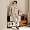 Cardigan de algodón puro para hombre, manga larga, pantalón largo, pijama con solapa, otoño e invierno, cuello redondo, conjunto casual simple para casa