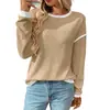 Nuevo Top Suelto de Bloques de Color con Cuello Redondo y Mangas Largas de Punto Sintético para Mujer, Transfronterizo de Amazon, Otoño/Invierno 2026, Europeo y Americano