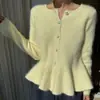 Jaqueta Cardigan de Tricô Feminina de Alta Costura Dongdaemun Coreana, Simples e Elegante, Cintura Marcada, Barra com Babados, Casual, de Botão Único
