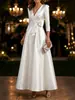2026 Elegante Vestido de Noche de Satén con Escote en V y Mangas Tres Cuartos, Corte A, Ceñido a la Cintura, Formal para Banquetes, Novia, Vestido de Boda
