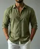Camisa de Manga Larga con Cuello para Hombre, Europea y Americana, Transfronteriza, de Botones Sencillos, Color Sólido, Casual, Imitación de Algodón y Lino, Holgada