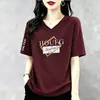 Camiseta de Manga Corta de Alta Calidad Transfronteriza para Mujer, Nuevo Estilo de Verano, Cuello en V, Moderna, Versátil, Estampada, Tendencia, Tallas Grandes, Ins