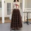 Falda de pastel de malla de alta gama en capas, nuevo estilo otoño/invierno, cintura alta elástica, fluida, línea A de hadas, falda larga en capas