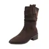 Botines de Moda para Mujer hasta la Pantorrilla para Personas Petitas, Punta Cuadrada, Nuevo Estilo 2025, Tacón Grueso, Estilo Retro, Versátiles, Fruncidos, Otoño e Invierno
