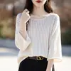 Camiseta de tricô feminina de verão, manga três quartos, algodão puro, com detalhes vazados, malha fresca, corte solto, tamanho grande