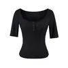 Camiseta blanca de manga corta con cuello en U para mujer, ajuste slim de verano, abotonada, estilo chica picante, manga media, capa base, top corto, moderno