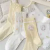 Calcetines de Malla Transpirables Finos Color Amarillo Crema Estilo Ins con Lazo de Gato para Mujer, Calcetines Dulces para Estudiante