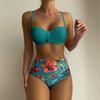 Huludao Roupa de Banho Comércio Exterior Europeu e Americano Fato de Banho de Duas Peças para Mulheres Estampado Cintura Alta Sexy Conjunto de Biquíni para Busto Grande Biquíni