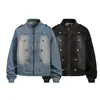 Jaqueta jeans vintage estilo urso mágico americano, lavagem clara, com gola alta, design de abotoamento duplo e estilo workwear para homens