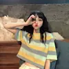 Camiseta de Verano Nueva Estilo Coreano Holgada con Rayas Arcoíris de Manga Corta para Estudiante Femenina Corta que Muestra el Ombligo Top Moderno Versátil