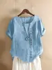 Blusa de algodão e linho com mangas curtas, estilo Hong Kong, com um elegante design de gola redonda decorada com botões, novo modelo de verão