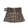 Saia curta Hot Girl feminina plissada estilo A-line design de saia plissada cintura alta ins com cinto estilo preppy Xadrez